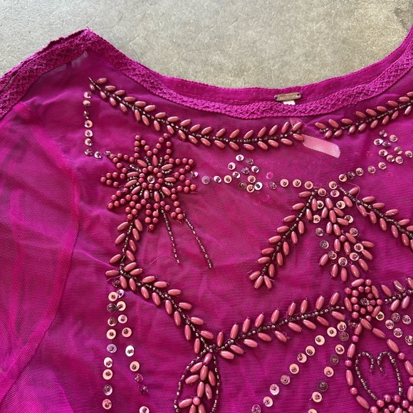 Free People| Beaded Sheer Top| Sheer Gauze Magenta Top - Picture 6 of 10